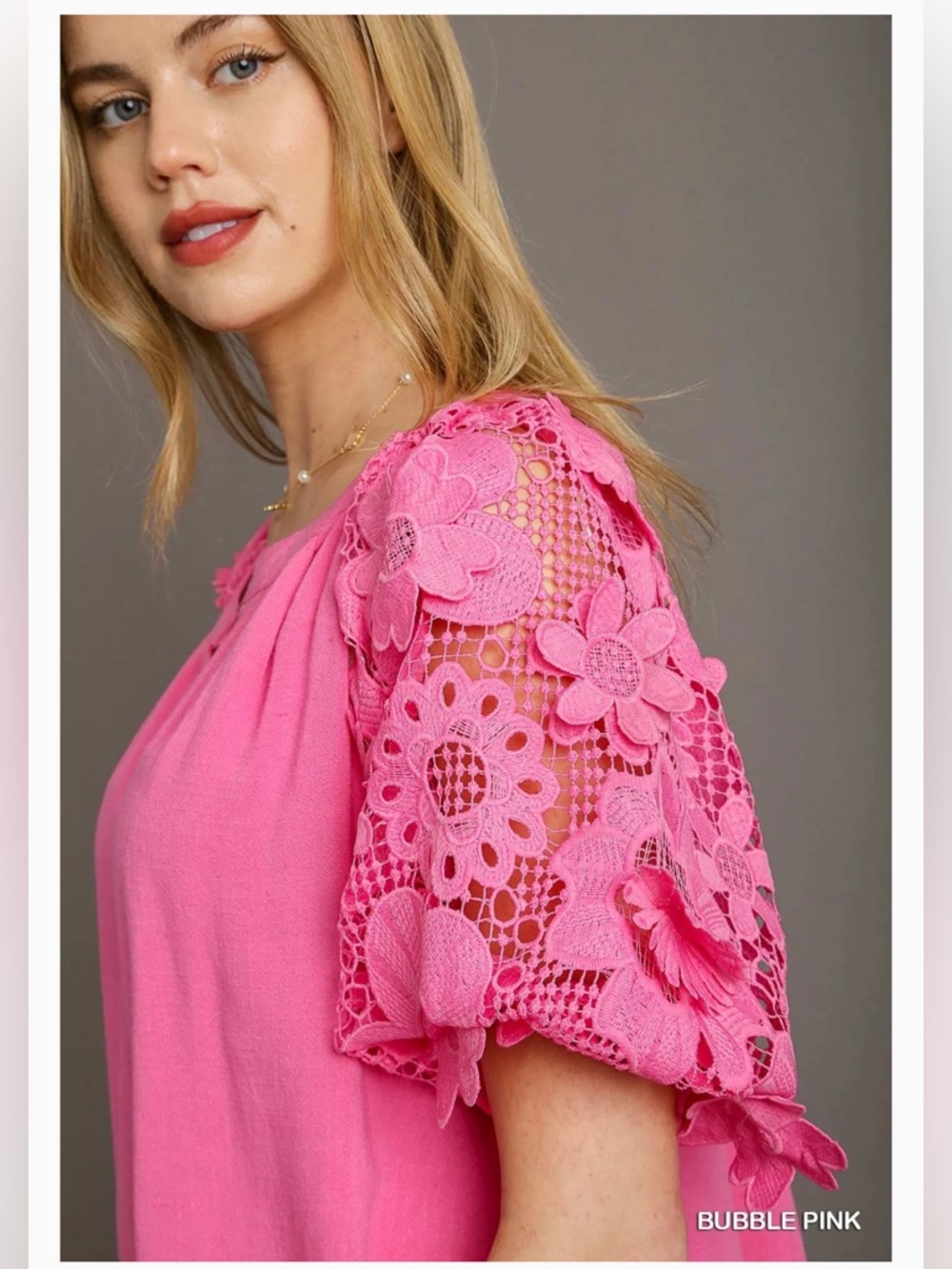 umgee Pink Floral Lace 3D Elasticized Sleeves Contrast Top Linen Blend Size S